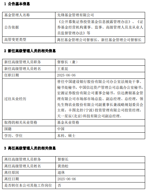 先锋基金高管变更：黄劲松退休离任 董事长兼任督察(👂)长职务